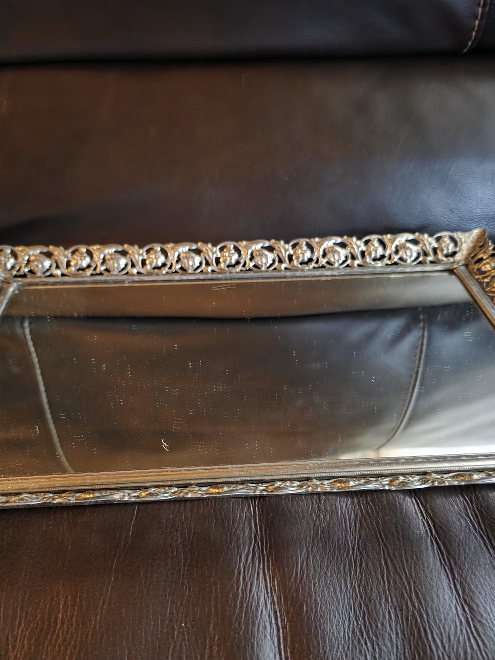 Vintage Ornate Metal Filigree Mirrored Vanity Tray Rectangular Floral Scroll
